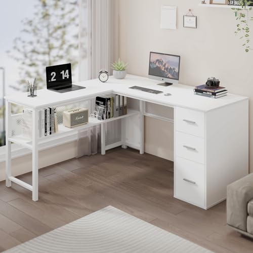 LVB Reversible Gray L Shaped Corner Desk with File Drawers, Light Grey Oak, 59 Inch L226