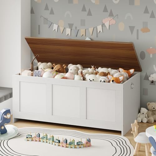 HOOBRO Storage Bench, 39.3" Retro Wooden Chest with Lift Top, White and Walnut C2921