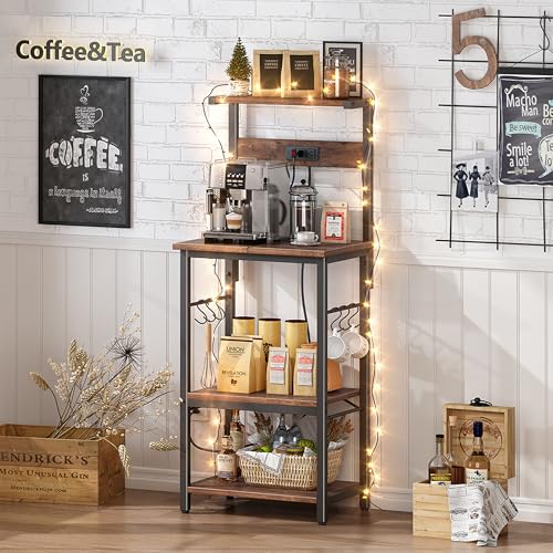 SUPERJARE Kitchen Bakers Rack with Power Outlet, Coffee Bar Table, Rustic Brown W637