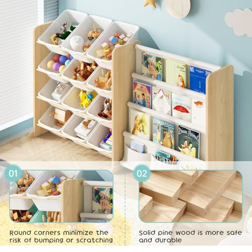 Kids Toy Storage Organizer with Bookshelf, 12 Bin, 4 Shelf, Burlywood E313566