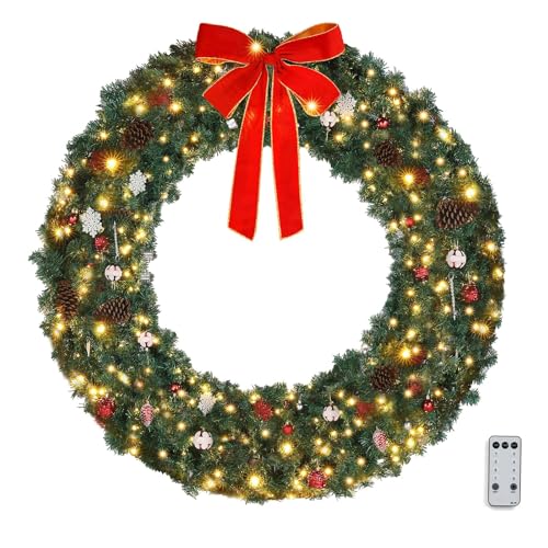 VINGLI 48 Inch Pre-lit Artificial Christmas Wreath with 150 LED Lights T885