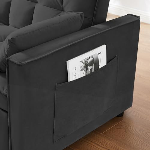 Modern Velvet Convertible Sofa Bed with Adjustable Back and Storage Bag, Blue Double S9157