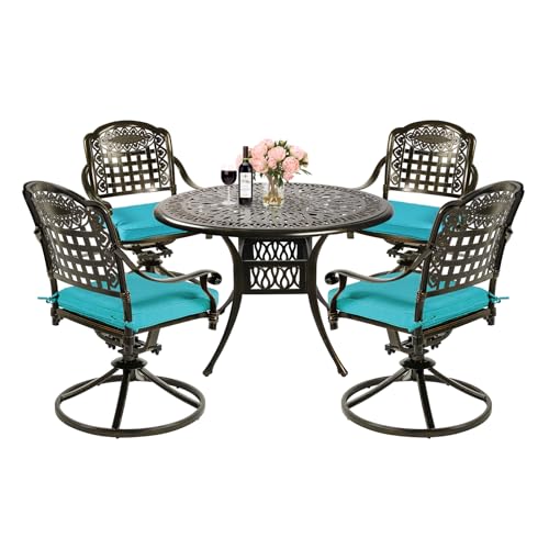 MEETWARM 5-Piece Outdoor Patio Dining Set, All-Weather Cast Aluminum Patio Conversation Set for Backyard Garden Deck with 4 Cushions Swivel Rocker Chairs and 35.4" Round Table, 2.2" Umbrella Hole