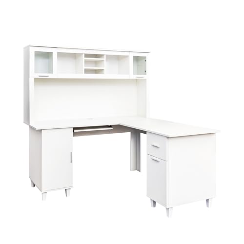White Corner Desk L Shaped Computer Desk with Drawers and Shelves M491399