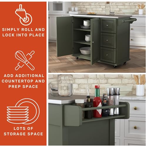 homestyles Mobile Kitchen Island Cart with Stainless Steel Top, Sage Green J6213