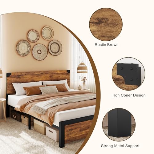 GAOMON Full Bed Frame with Wood Headboard, Metal Frame, Under Bed Storage, Rustic Brown Z50658
