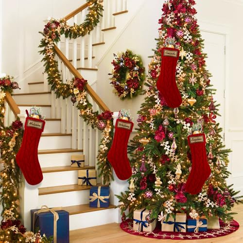 4PACK Christmas Stockings 18Inches Cable Knitted with Name Tags Red White U8263