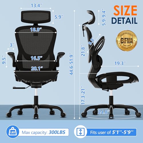 GABRYLLY Ergonomic Mesh Office Chair White Desk Chair with Flip-Up Armrest and Adjustable Headrest M402