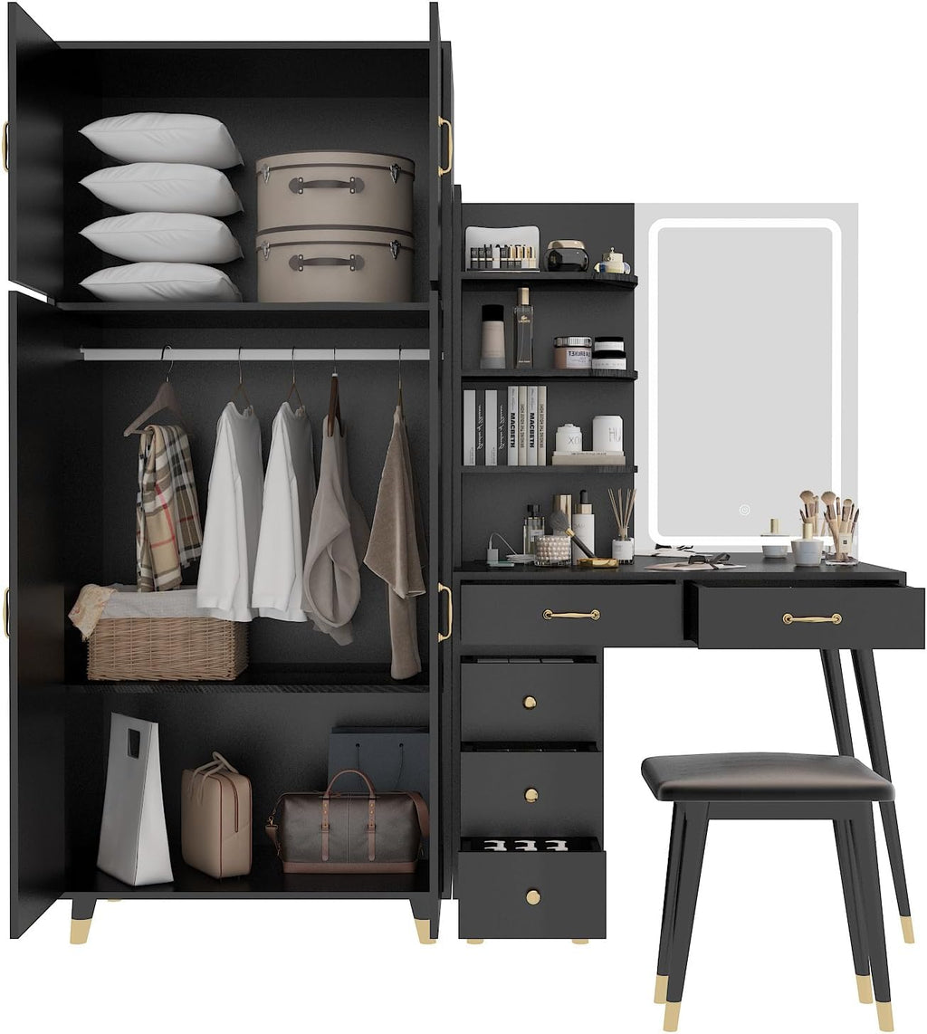 Makeup Vanity Table and Armoire Wardrobe Set with LED Mirror, Black Q6333