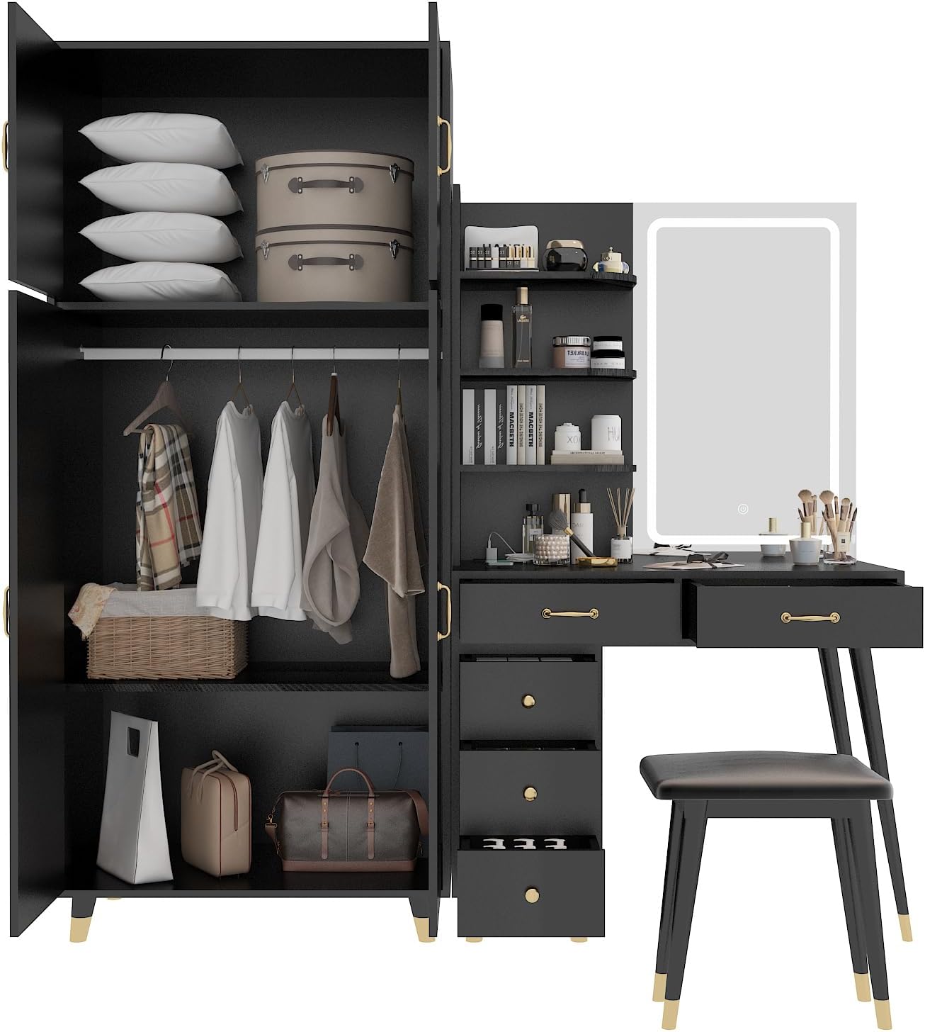Makeup Vanity Table and Armoire Wardrobe Set with LED Mirror, Black Q6333