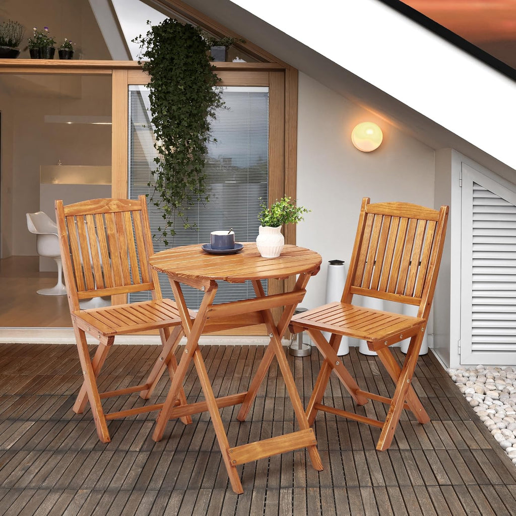 3Pcs Patio Bistro Set Wood Folding Table and 2 Chairs Outdoor Furniture X8767