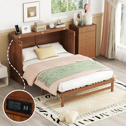 KEIKI Queen Size Murphy Bed with Charging Station and Drawer, Walnut B45816