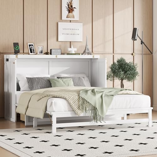 KEIKI Queen Size Murphy Bed with Charging Station and Drawer, Walnut B45816