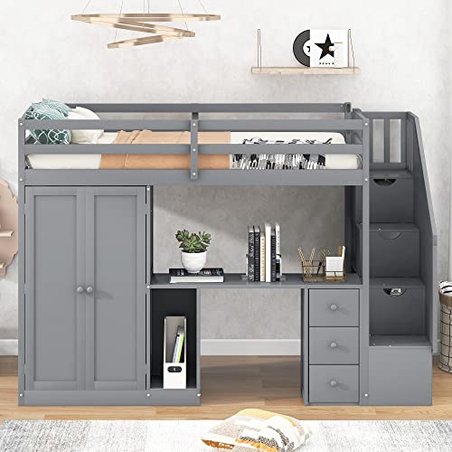 Harper & Bright Designs Twin Size Loft Bed with Desk and Stairs, Solid Wood, Espresso G152541