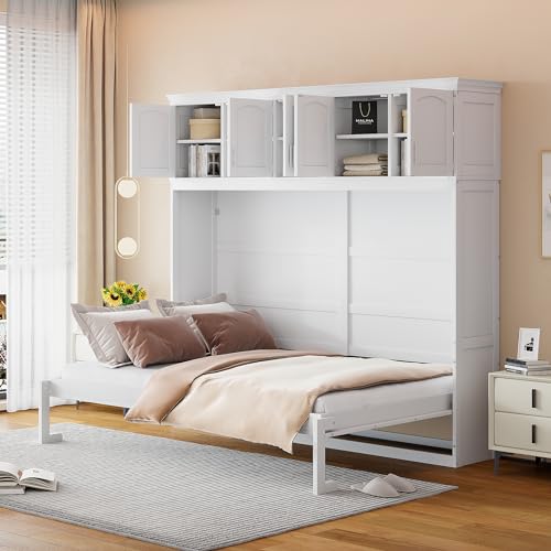 Horizontal Murphy Bed Full Size Hidden Murphy Bed with Storage Cabinet, Foldable Wall Bed for Bedroom Living Room Guest Room, White