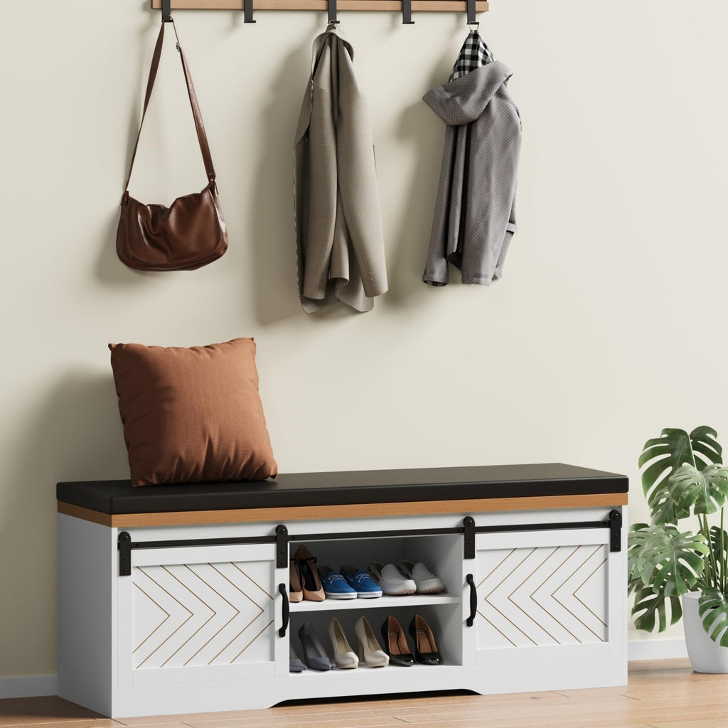 Farmhouse Shoe Storage Bench for Entryway, Shoe Rack Bench with Padded Seat Cushion, Mudroom Bench with Sliding Barn Doors, Foyer Bench, Shoe Cabinet with Bench