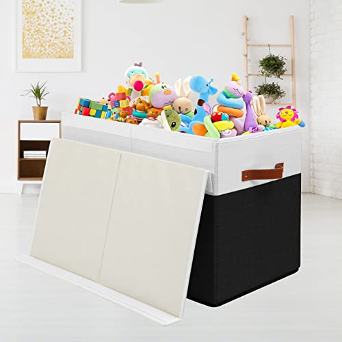 Large Toy Storage Box with Lid and Dividers for Kids, Beige and White X95078