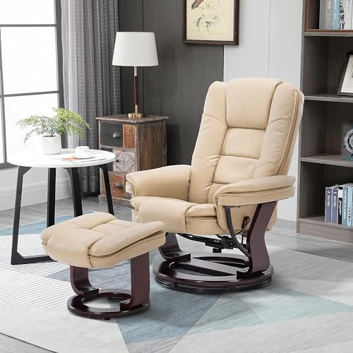 Beige Leather Swivel Recliner Chair with Ottoman R54220
