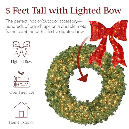 Best Choice Products 36in Pre-Lit Fir Christmas Wreath with Red Lighted Bow M107412