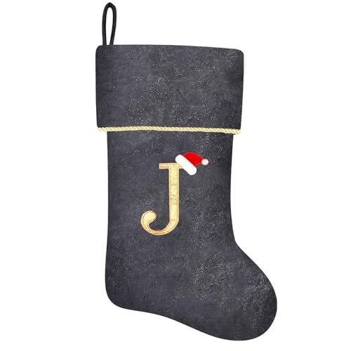 20 Inches Initial Monogram Blue Velvet Christmas Stocking with Gold Trim U394