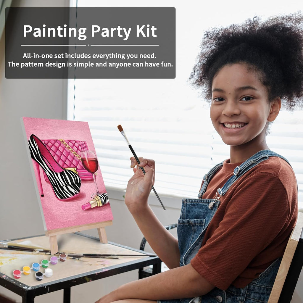 VOCHIC Paint and Sip Kit, Pre Drawn Canvas for Adults with Easel, 8 Acrylic Colors J9363