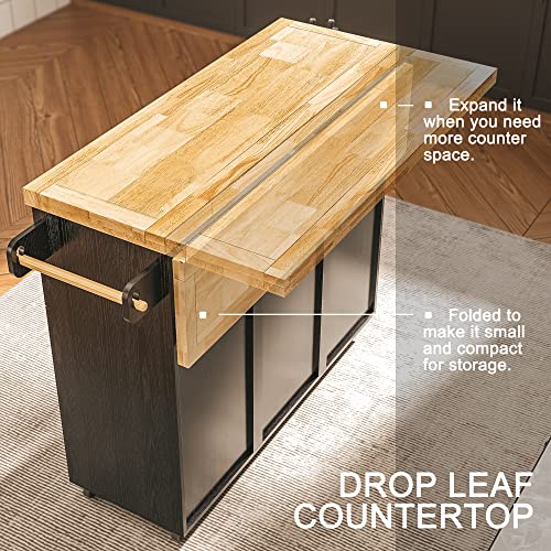 IRONCK Rolling Kitchen Island Cart with Drop-Leaf Countertop, Barn Door Style, Black G666768