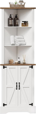 4 EVER WINE Farmhouse Corner Cabinet, Tall Corner Cabinet with 5 Shelves & Barn Doors, Corner Storage Cabinet Home Space Saver for Living Room, Bedroom or Kitchen, White