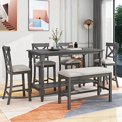UBGO 6-Piece Counter Height Dining Table with Shelf, 4 Chairs and Bench, Gray C357