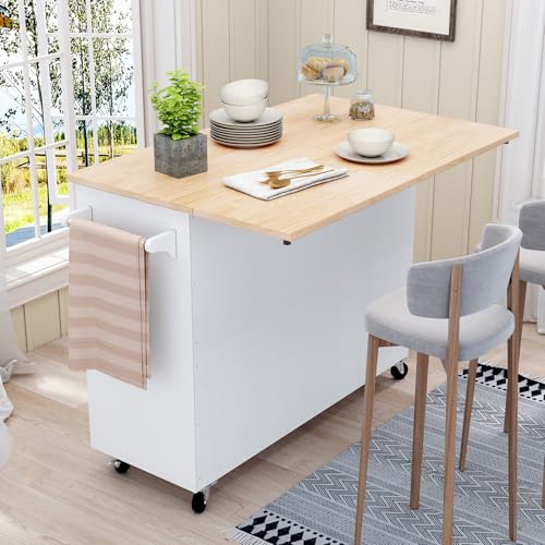 HLR Kitchen Island with Storage, Rolling Drop-Leaf Bar Countertop W67731