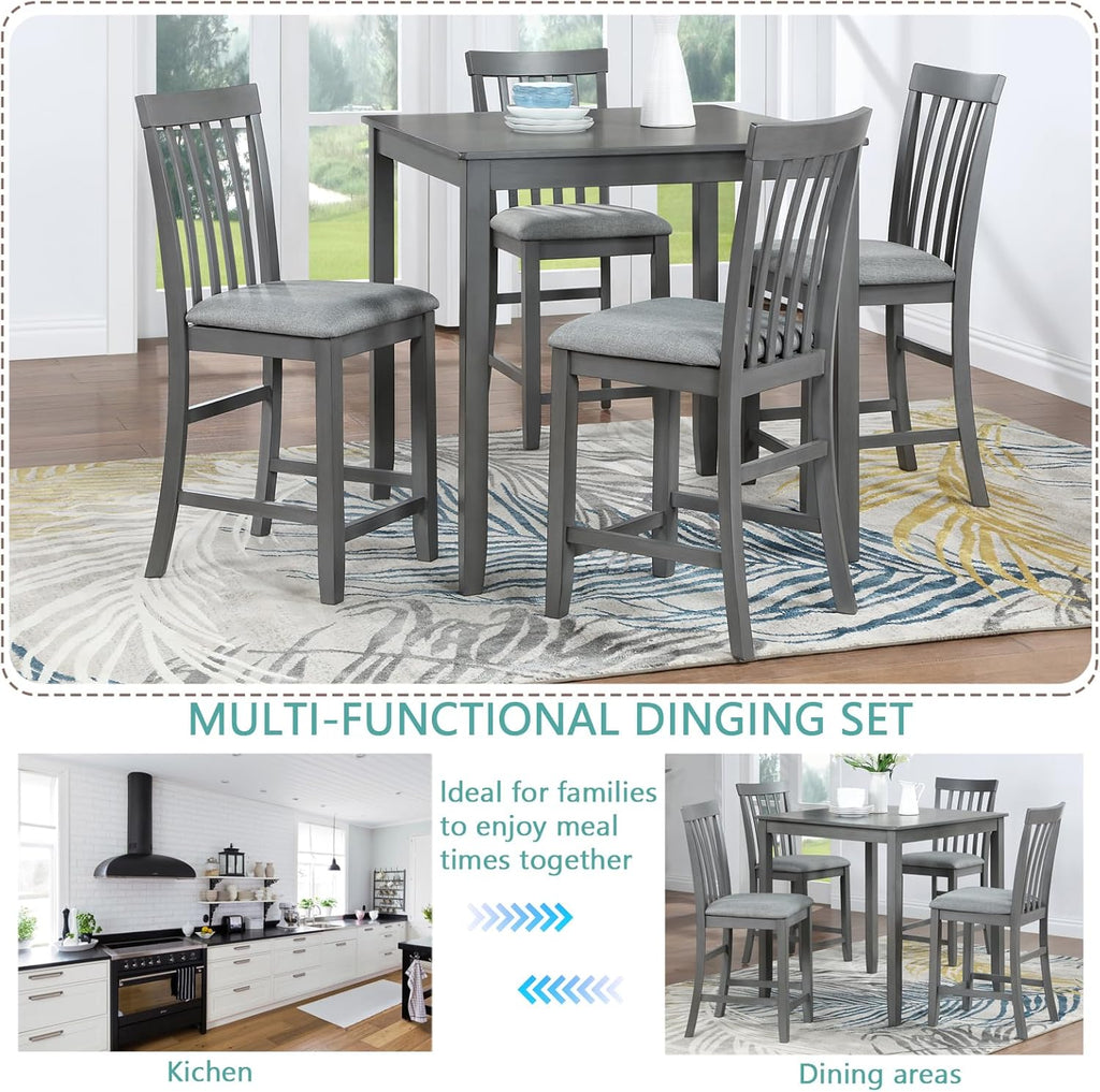 5 Piece Counter Height Dining Table Set for 4, Farmhouse with Upholstered Chairs, Dove Gray A5692