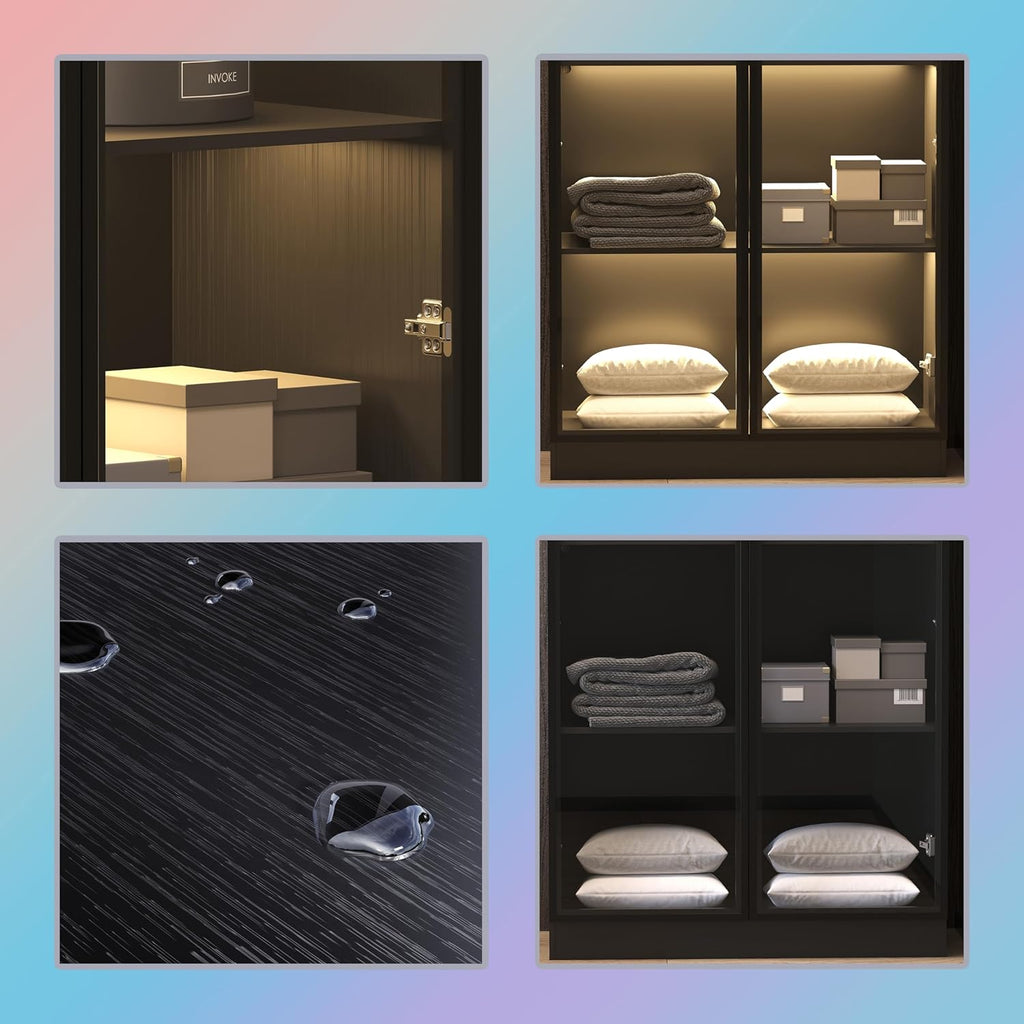 Black Display Cabinet with Glass Doors and Lights, 4-Tier C4875