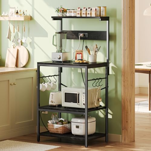 SUPERJARE Kitchen Bakers Rack with Power Outlet, Coffee Bar Table, Rustic Brown W637