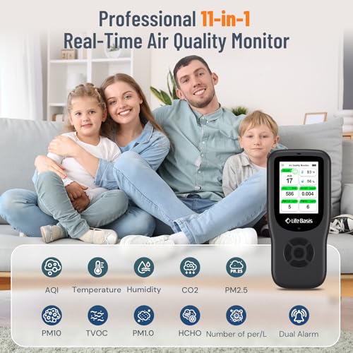 LifeBasis 11-in-1 Indoor Air Quality Monitor with Stand, Real-Time AQI, PM2.5, CO2, Temperature and Humidity Z448408