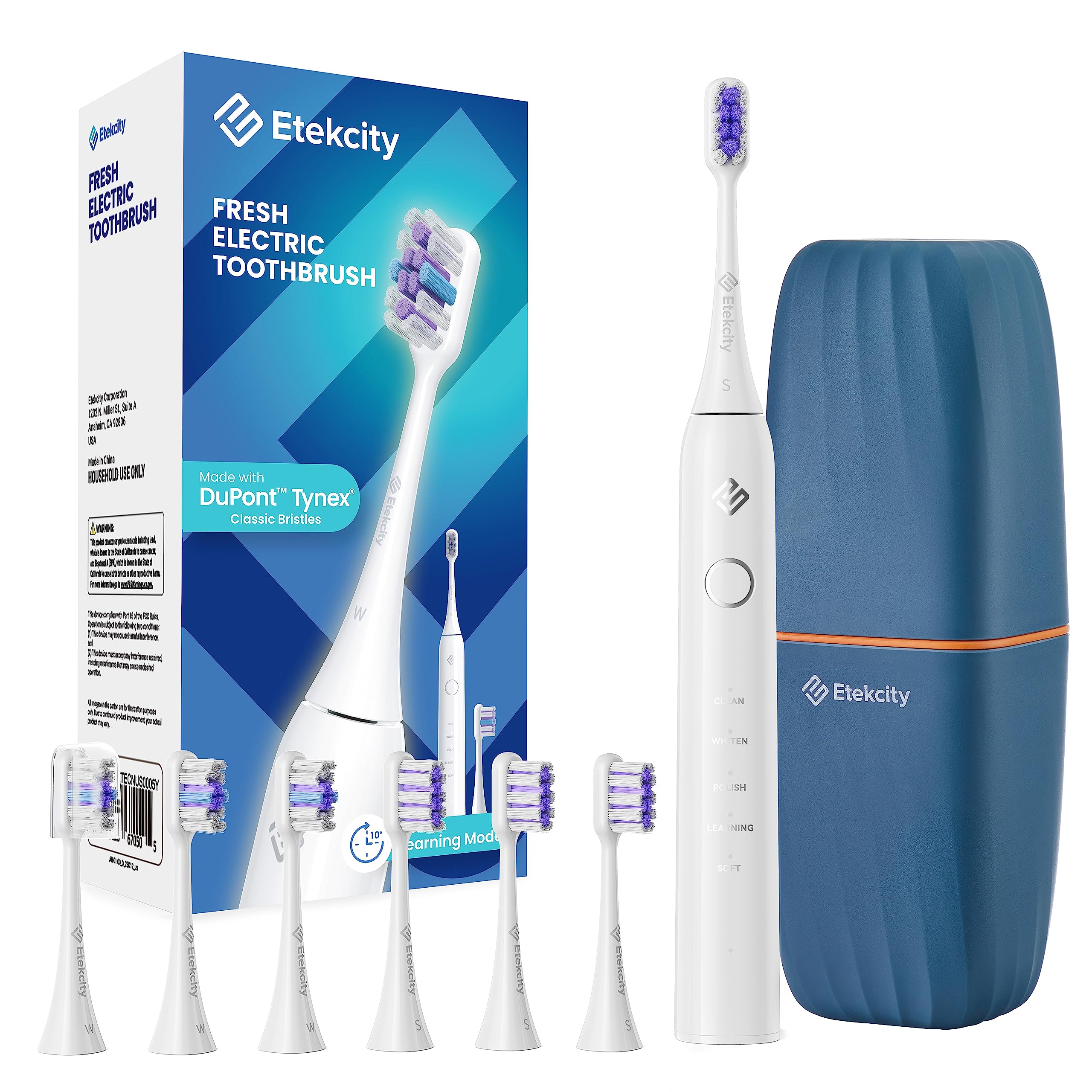 Etekcity Unisex Electric Toothbrush for Adults and Kids, Corded, White, 5 Modes, 2-Minute Timer, 3-Hour Battery Life, Travel Case