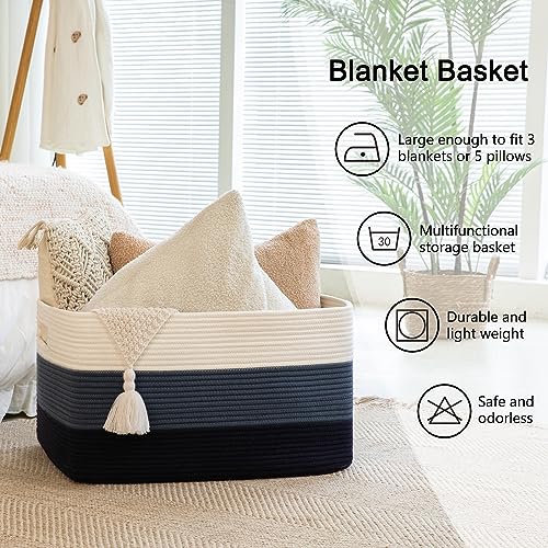 OIAHOMY Large Rectangle Woven Blanket Basket with Handle, Gradient Blue B58762