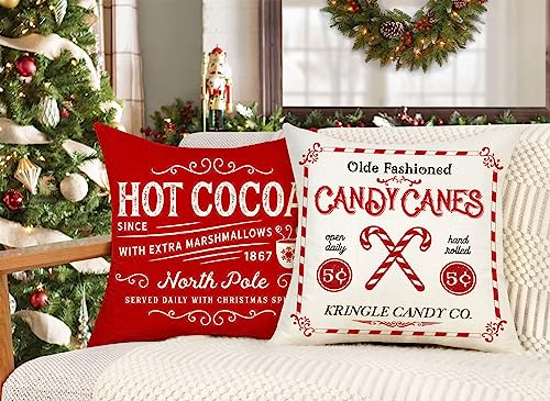 Farmhouse Christmas Pillow Covers 18x18 Set of 4 Red White Rustic Cushion Cases D219