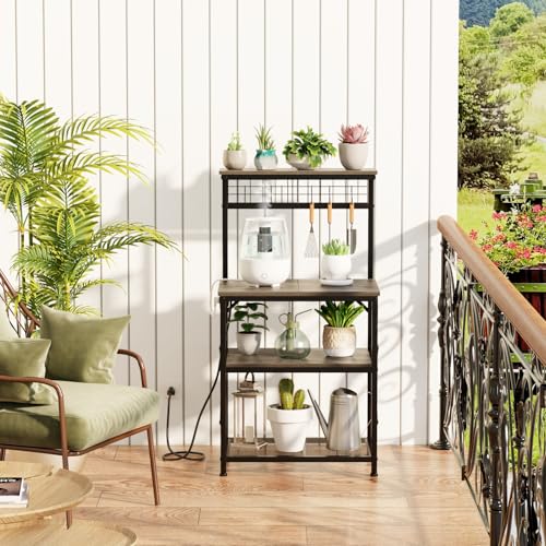 Furologee Kitchen Bakers Rack with Power Outlet, 4-Tier Microwave Stand, Rustic Brown Q634