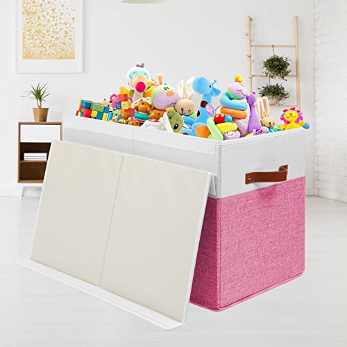 Large Toy Storage Box with Lid and Dividers for Kids, Beige and White X95078