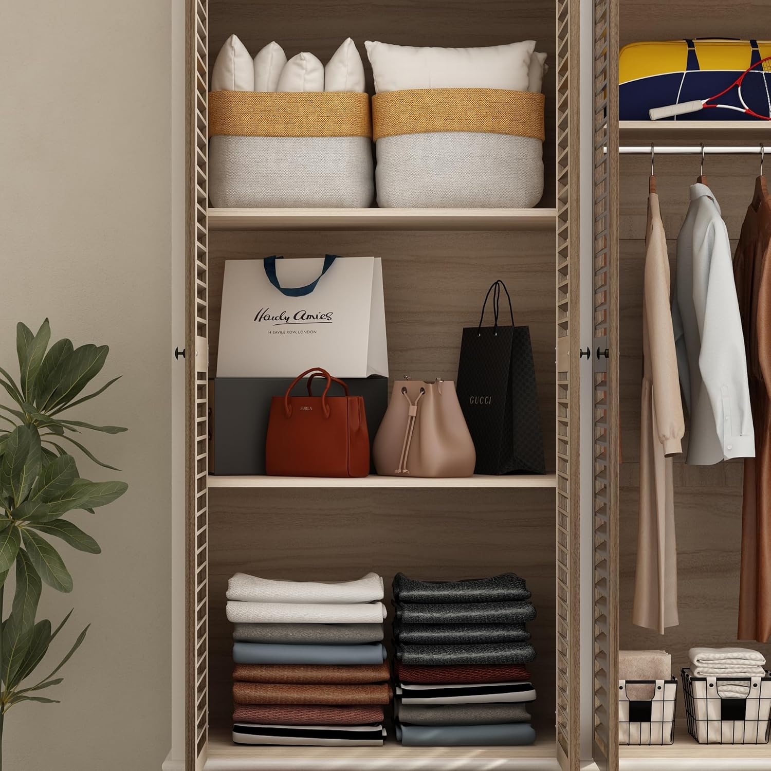 ECACAD 4 Doors Wardrobe Armoire with Louver Doors, Storage Shelves, 4 Drawers & Hanging Rod, Brown & White K855323