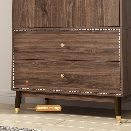 Homsee Wardrobe Armoire with 2 Doors and Drawers, Wooden Closet Storage Cabinet, Brown E6700