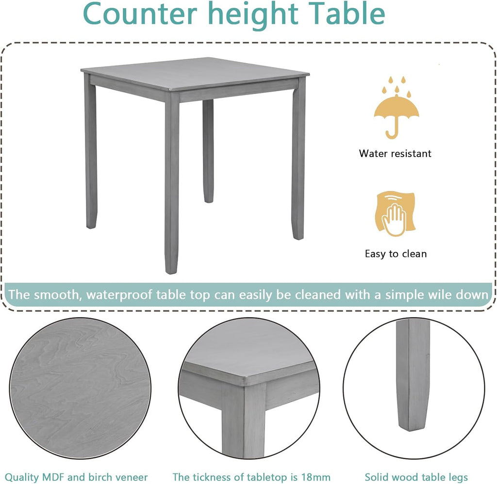 5 Piece Counter Height Dining Table Set for 4, Farmhouse with Upholstered Chairs, Dove Gray A5692