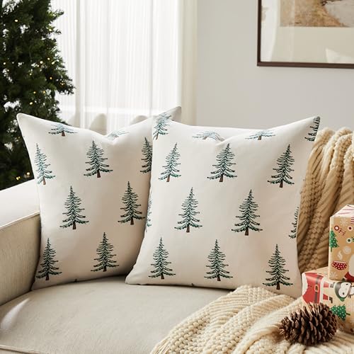 Christmas Pillow Covers Set of 2, 18x18 Inch, Green Winter Tree Print Z3499