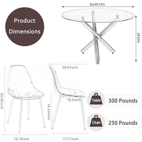 Round Glass Dining Table Set for 4 with Clear Acrylic Chairs N7123