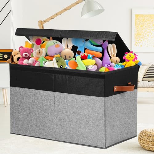 Large Toy Storage Box with Lid and Dividers for Kids, Beige and White X95078