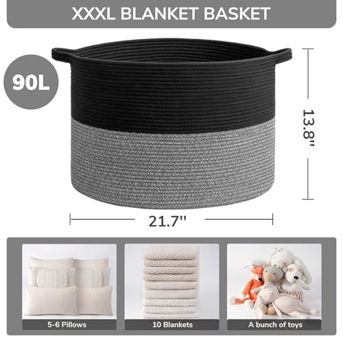 INDRESSME Large Cotton Rope Storage Basket with Handles, 90L Grey R37552