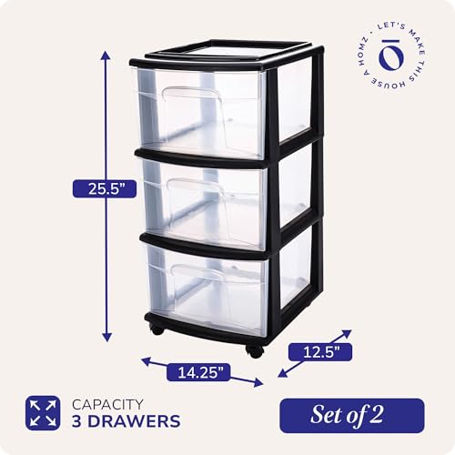 HOMZ 3-Tier Clear Plastic Storage Organizer Cart with Wheels, Black Frame M4715
