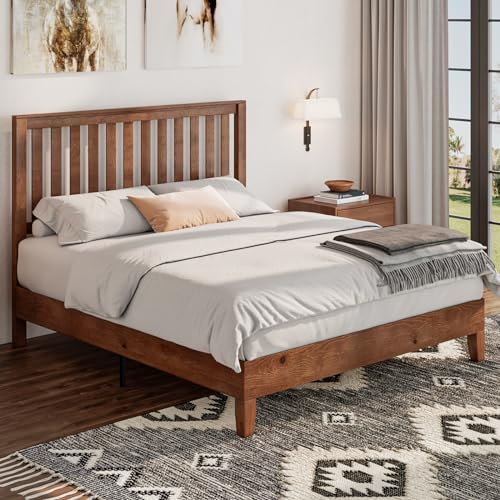 Solid Wood Bed Frame with Headboard, Walnut W144