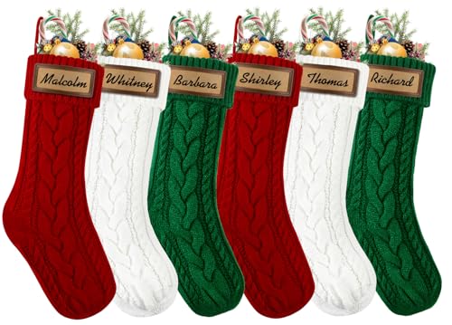 6 Pack Personalized Christmas Stockings 18in Knitted with Leather Patches Red and White F78226