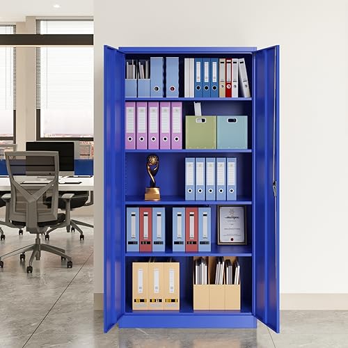 Metal Storage Cabinet with Doors and Shelves, 71" Locking Steel, White L799