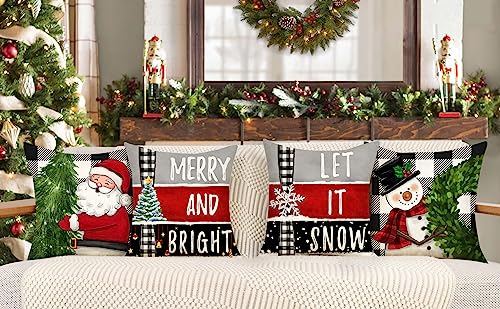 Red Christmas Pillow Covers 18x18 Set of 4 Farmhouse Snowman Santa Tree V263